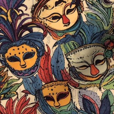 medley of mardi gras masks inspired by toulouse lautrec