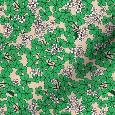 St Patrick's Day shamrock garden - retro clover plants and spring flowers jade green white on sand 