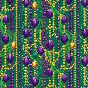 mardi gras beads in long strands of purple green and gold