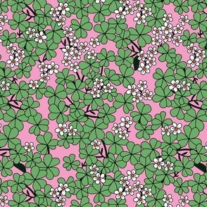 St Patrick's Day shamrock garden - retro clover plants and spring flowers jade white on pink 