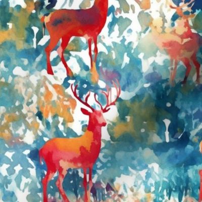 watercolor reindeer in a blue green wood inspired by claude monet