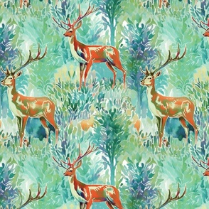 reindeer in a green woodland inspired by claude monet