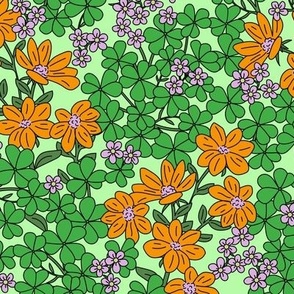 Irish spring garden - Saint Patrick's Day flowers shamrock and little ditsy blossom clover leaves lilac orange green on mint 