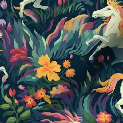 rainbow pony running among the flowers