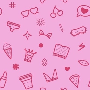 Girl’s stuff in monochrome pink / hand drawn icons 