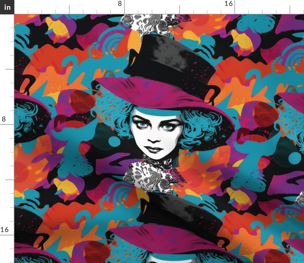 pop art mad hatter in purple blue and orange red