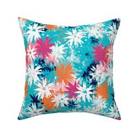 pop art snowflake flowers in orange pink and blue