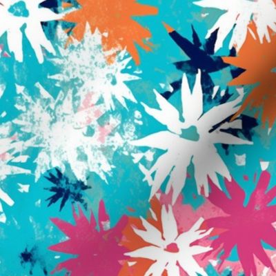 pop art snowflake flowers in orange pink and blue