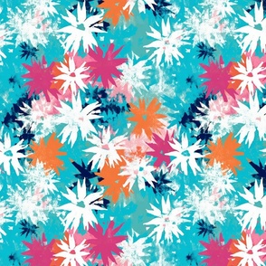 pop art snowflake flowers in orange pink and blue