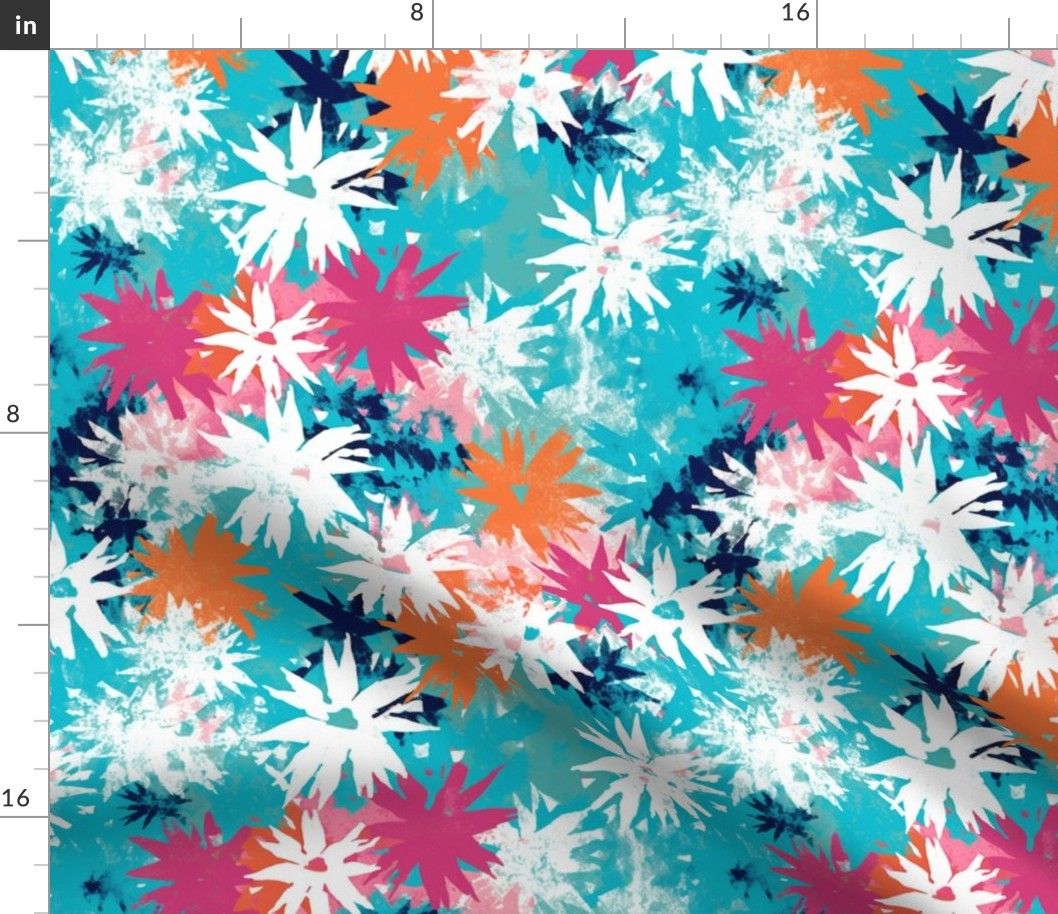 pop art snowflake flowers in orange pink and blue