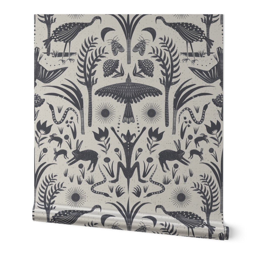 Woodland walk - A block print inspired monochrome design about a walk with my dogs in a forest and all the birds, rabbits, moths and creatures we encounter.