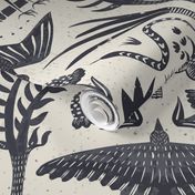 Woodland walk - A block print inspired monochrome design about a walk with my dogs in a forest and all the birds, rabbits, moths and creatures we encounter.