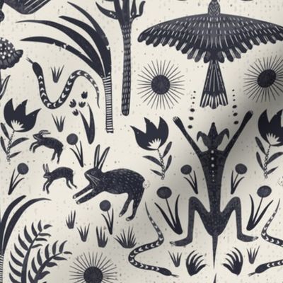 Woodland walk - A block print inspired monochrome design about a walk with my dogs in a forest and all the birds, rabbits, moths and creatures we encounter.
