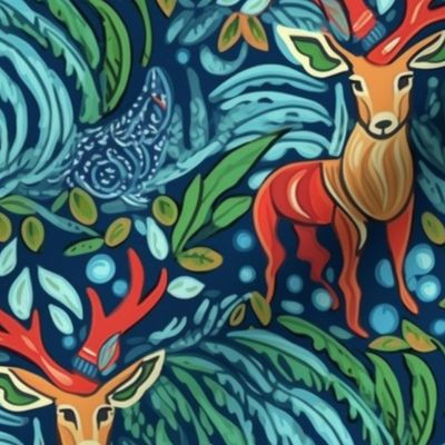 tribal reindeer in green red and blue