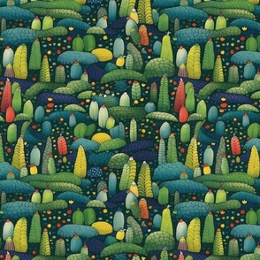 surreal forest in green and gold inspired by seurat