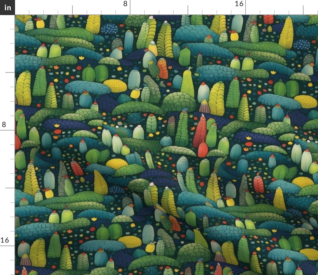 surreal forest in green and gold inspired by seurat