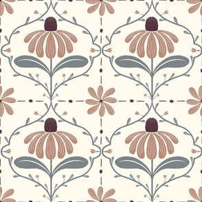 Soft Cornflower and Aubergine Geometric Daisy Block Print - Large