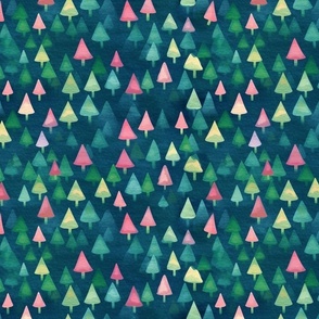 fir trees of pink and green at christmas inspired by seurat