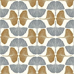 Vintage Hand Drawn Ginkgo Leaves in Gold, Cream, and Blue Block Print - Small