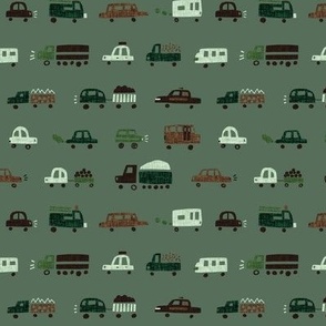 small cars and trucks: greens and browns