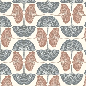Vintage Hand Drawn Ginkgo Leaves in Pink, Cream, and Blue Block Print - Small