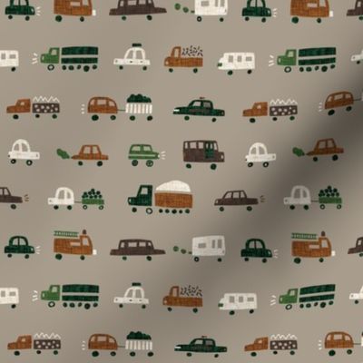 small cars and trucks: browns, taupes, greens