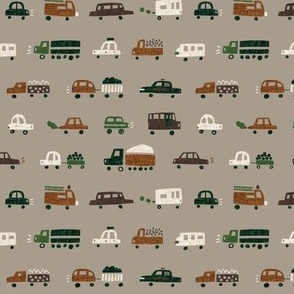 small cars and trucks: browns, taupes, greens