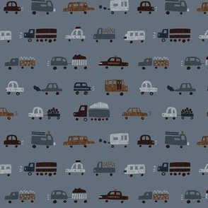 small cars and trucks: browns, taupes, greens