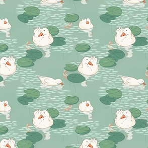 White ducks swimming in lake with lily pads (small size version)