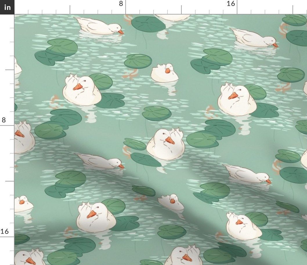 White ducks swimming in lake with lily pads (small size version)