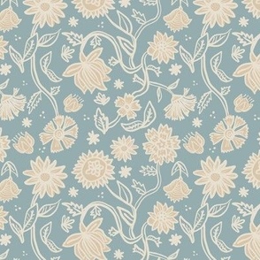 Sadie Floral Pattern - Blue Cream Tan - Small Scale