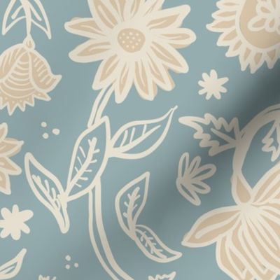 Sadie Floral Pattern - Blue Cream Tan - Large Scale