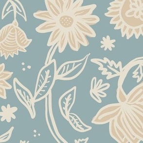 Sadie Floral Pattern - Blue Cream Tan - Large Scale