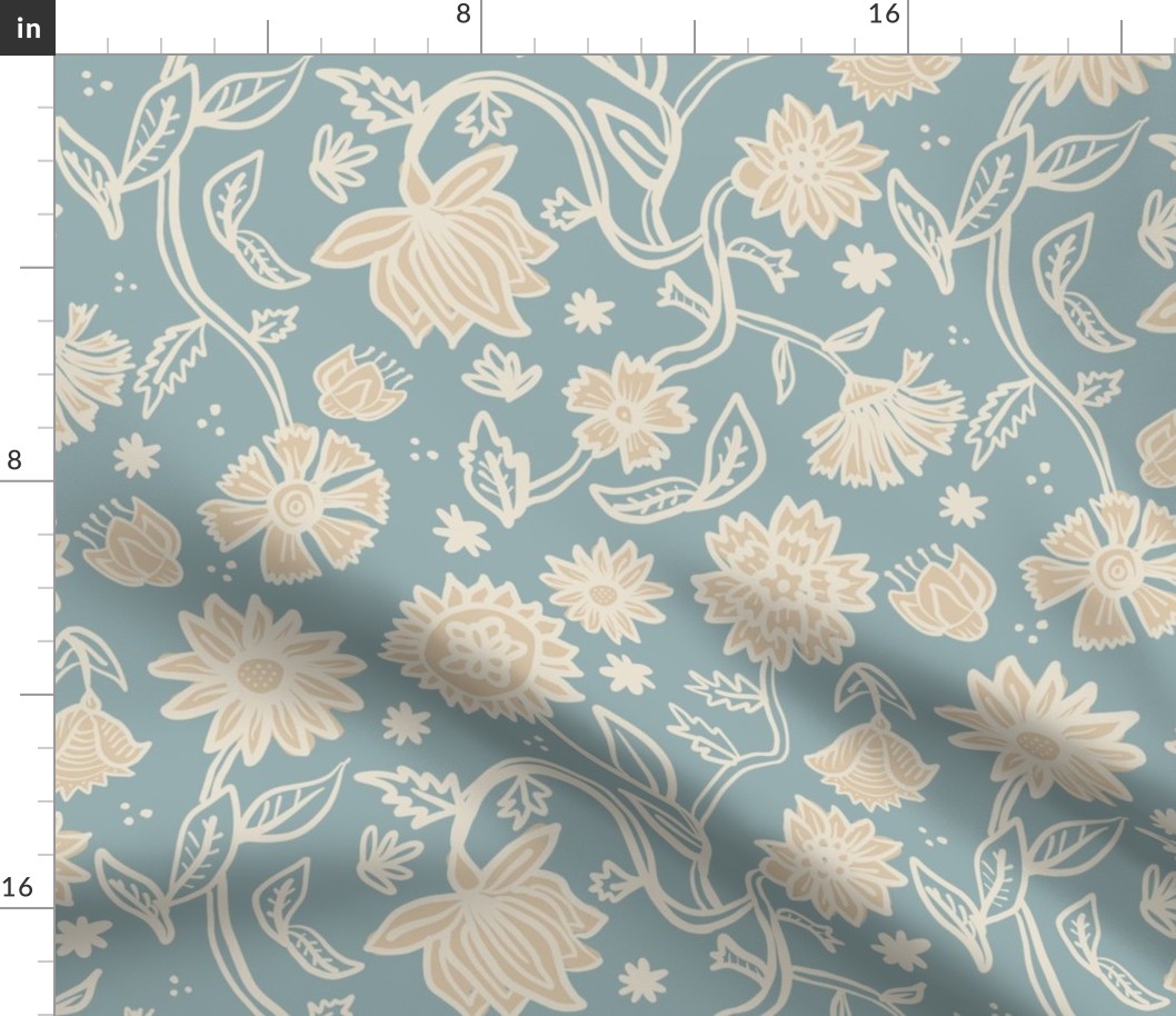 Sadie Floral Pattern - Blue Cream Tan - Large Scale