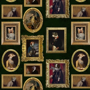 14" Ancient funny Fluffy Dog Breeds Portraits - Museum Wall Gold Frames - dark green