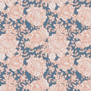 Antique garden roses in peach and slate blue