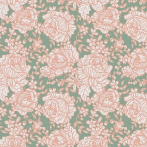 Antique garden roses in peach and sage green