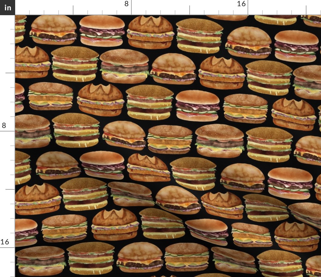 Burgers Galore: Hamburgers, Cheesburgers, Vegan Burges, Bacon Panini, Cutlet Sandwiches, Black Background, Medium Scale