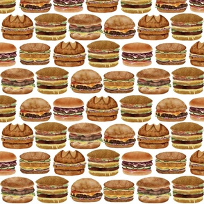 Burgers Galore: Hamburgers, Cheesburgers, Vegan Burges, Bacon Panini, Cutlet Sandwiches, White Background, Medium Scale