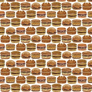 Burgers Galore: Hamburgers, Cheesburgers, Vegan Burges, Bacon Panini, Cutlet Sandwiches, White Background, Small Scale
