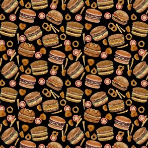 Burgers and Nuggets Fast Food Restaurant Wallpaper and Decor Black Background Small Scale