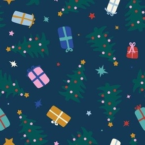 Cute Christmas Trees + Presents in Midnight Blue