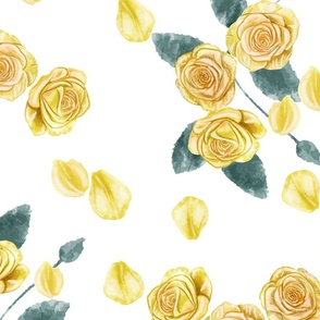 Yellow Roses and Petals Large Scale White Background 