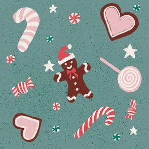 Christmas Candy and Gingerbread pink white red on green