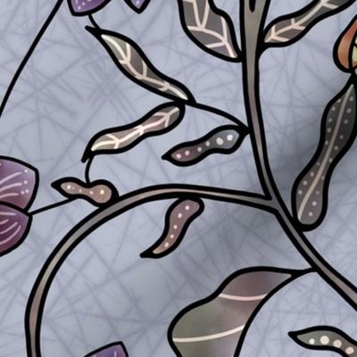 Stained glass silky purple flowers and butterflies - vine, plant, butterfly, floral botanical - purple, grey, yellow, orange