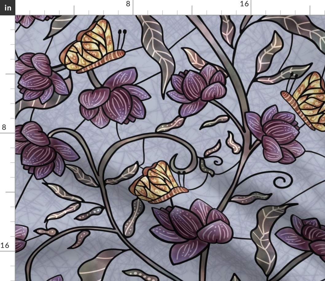 Stained glass silky purple flowers and butterflies - vine, plant, butterfly, floral botanical - purple, grey, yellow, orange