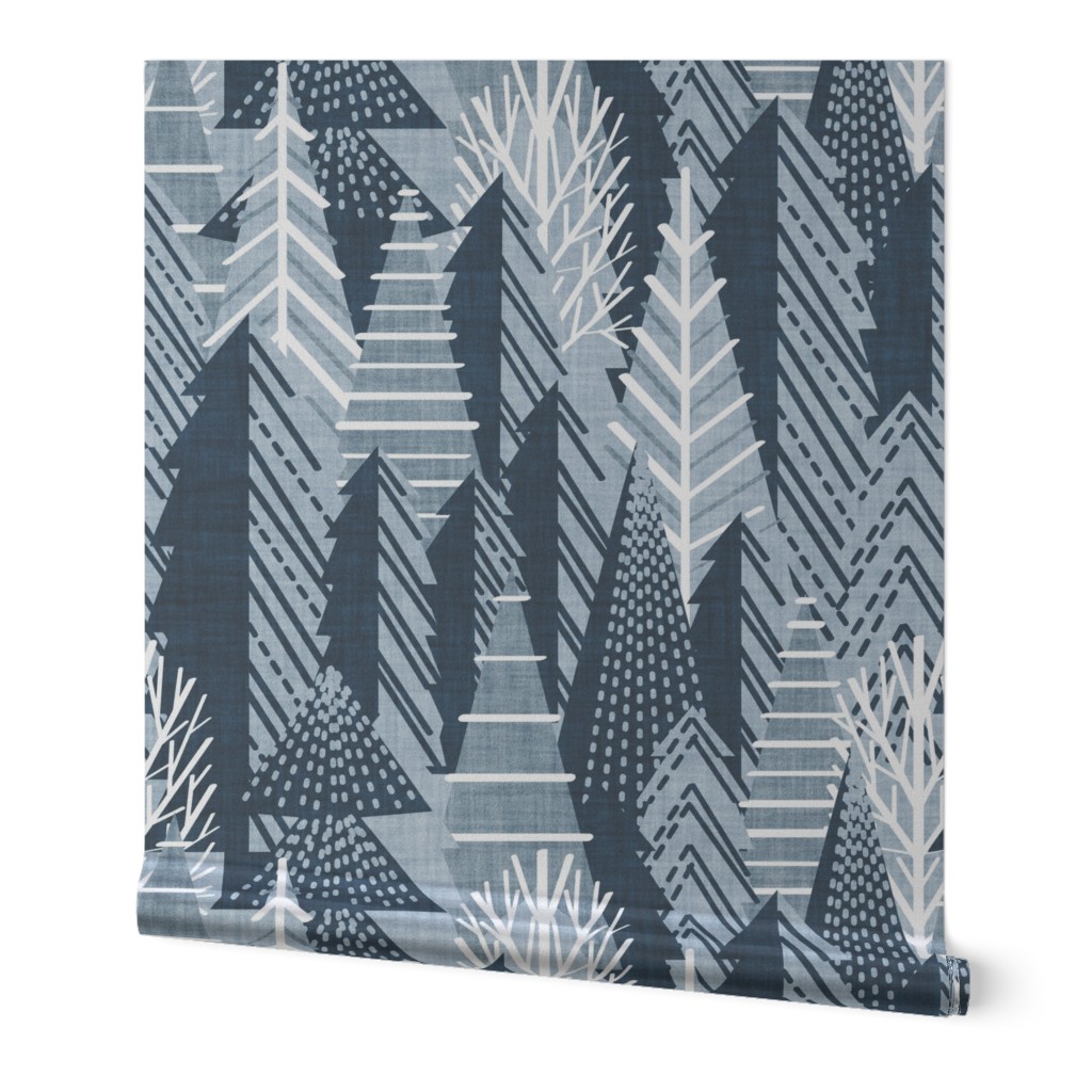 Winter forest // large jumbo scale // pastel and nile blue faux textured cozy pine trees