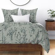 Shades of Serenity - green grass with leaves in shades of green on sage with linen texture - large scale