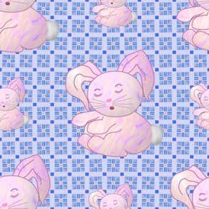 (XL) Sleepy Bunny on Blue & Pink Abstract Geometric Background