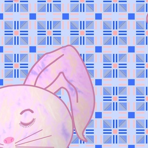 (XXXXL) Sleepy Bunny on Blue & Pink Abstract Geometric Background